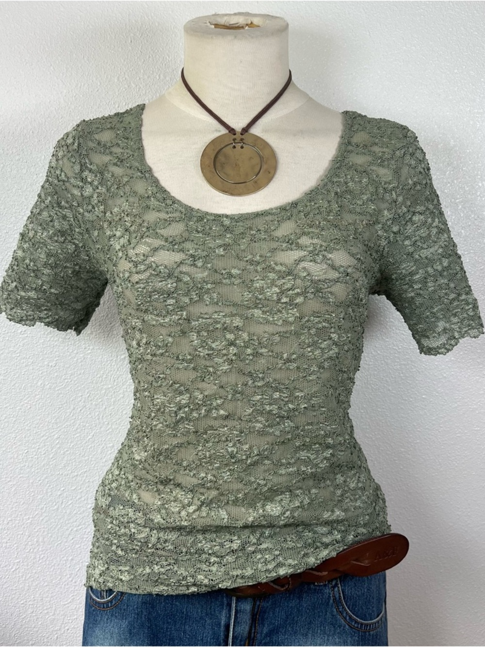 Olive Textured Lace Short Sleeve Women's Top